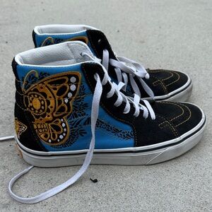 Vans High-Top Sneakers in Black, Blue & Gold Butterfly